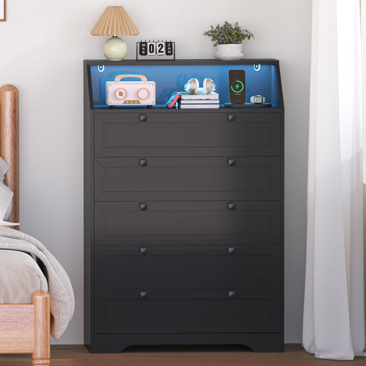 Wodeer Black Dresser Tall 5 Drawer Dresser for Bedroom, Wood Chest of Drawers with LED Lights, Charging Station, Metal Handles, Modern Storage Cabinet and Organizer Drawers for Living Room, Hallway
