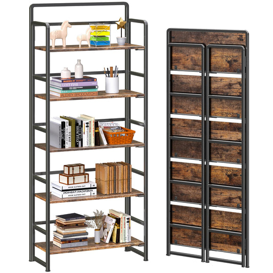 4NM No-Assembly 5 Tiers Folding Bookshelf Storage Shelves Vintage Bookcase Standing Racks Study Organizer Home Office (Rustic Brown Black)