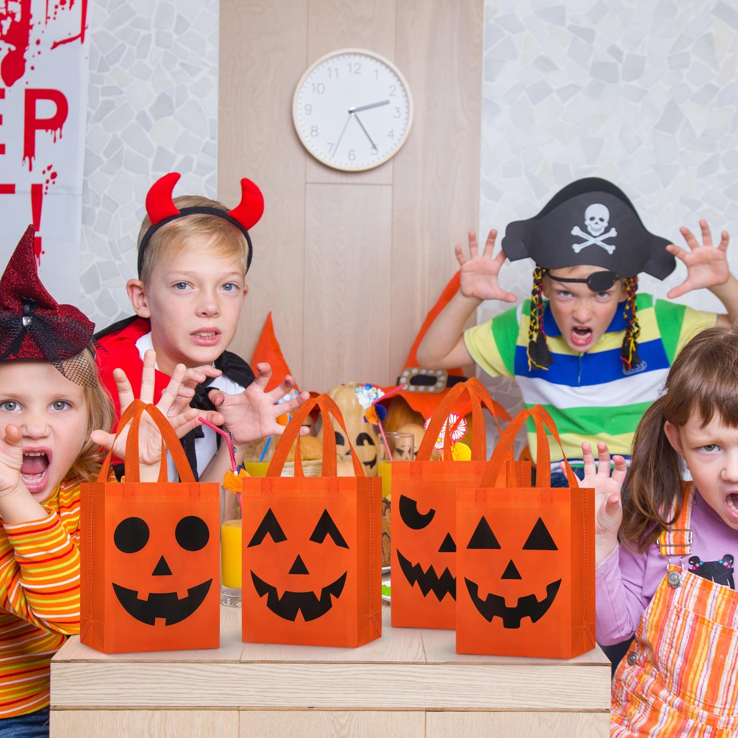 16 PCS Halloween Trick or Treat Bags 10.2 x 8.26 Inch Non-Woven Pumpkin Candy Tote Bag with Handles Reusable Pumpkin Candy Goodie Bags Halloween Party Gift Bag for Halloweens Party Gifts Wrapping Supplies