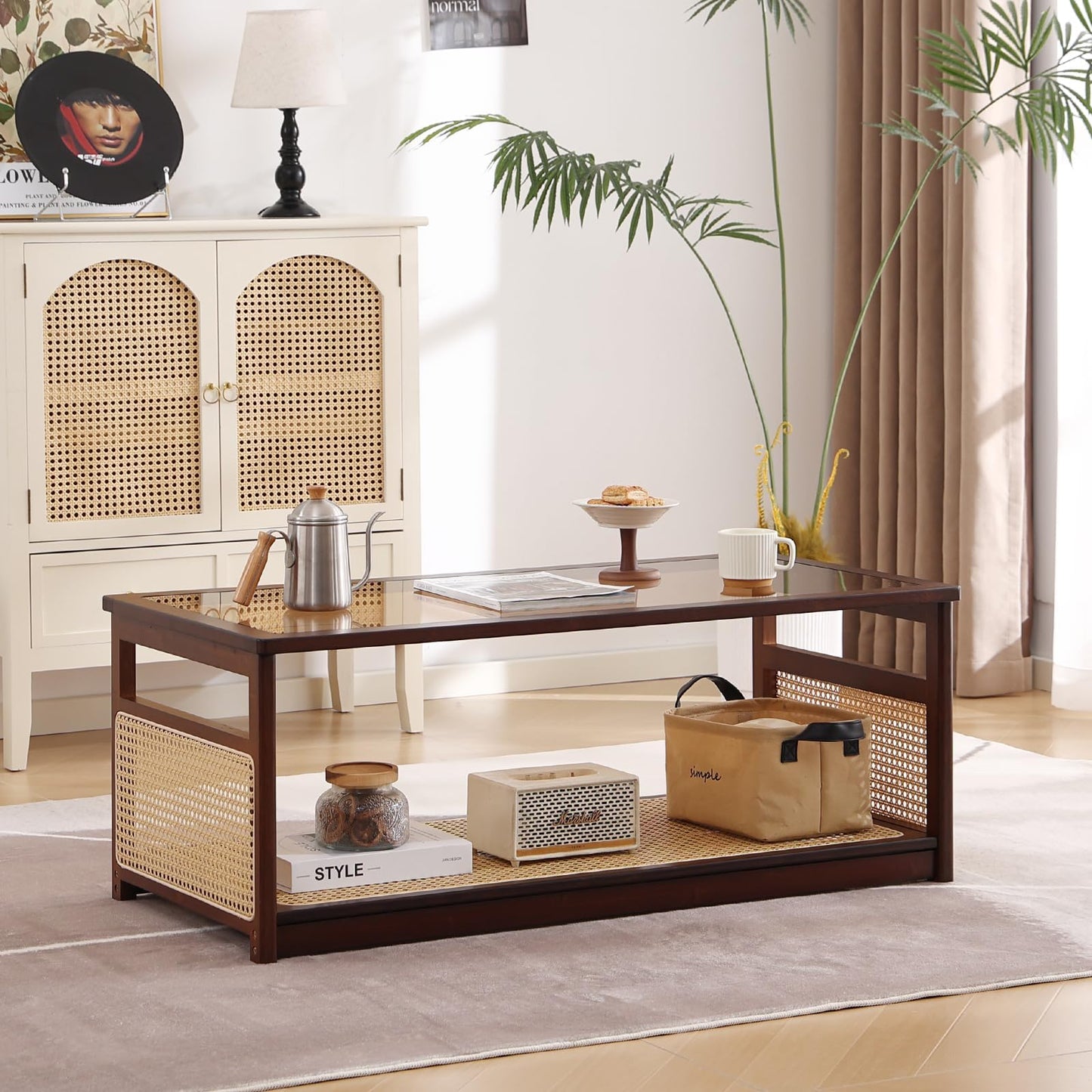Welnow Rattan Coffee Tables for Living Room, Modern 2-Tier Coffee Table, Mid Century Rectangle Coffee Table with Storage Shelf & Glass Top, Large Boho Center Table for Apartment, Walnut