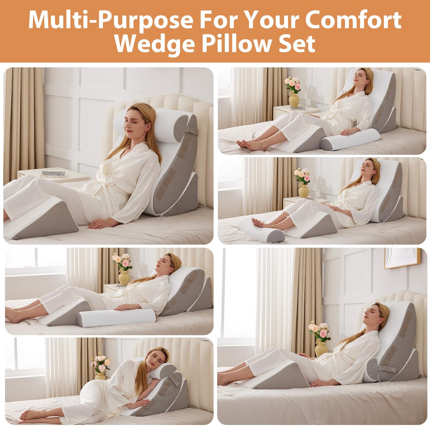 4PCS Wedge Pillow Set for After Surgery, Orthopedic Bed Wedge Pillow for Back Pain Relief, Sitting up in Bed,Recovery, Acid Reflux, Snoring, Body Pillow for Sleeping,Leg,Shoulder Support, White/Grey