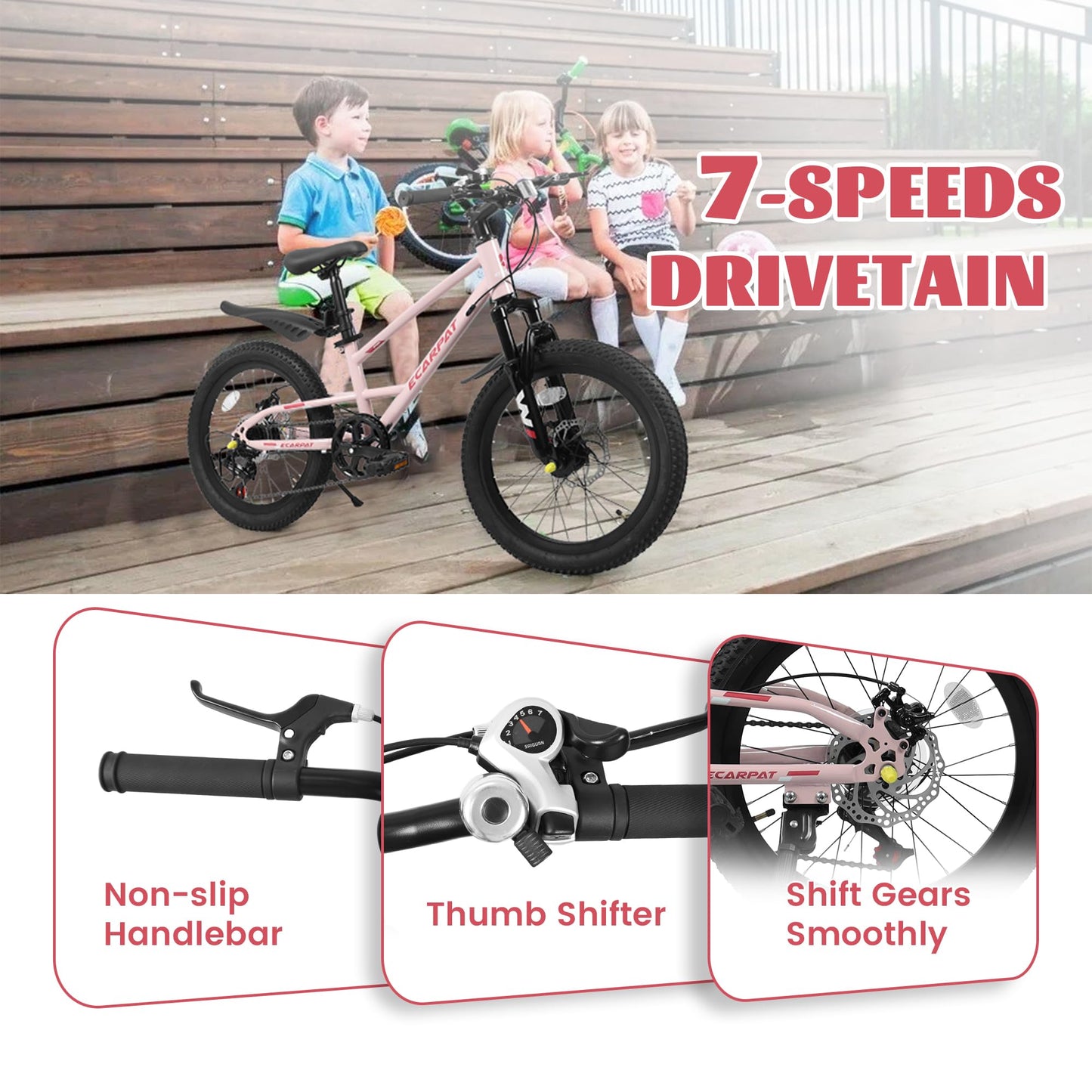 20 Inch Kids Mountain Bike for Boys Girls, 7-Speed Children Mountain Bike with Front Suspension, Dual Disc Brakes and Fender, Steel Frame Kids Bicycle for Ages 6-12 Years Old Birthday Gift, Pink