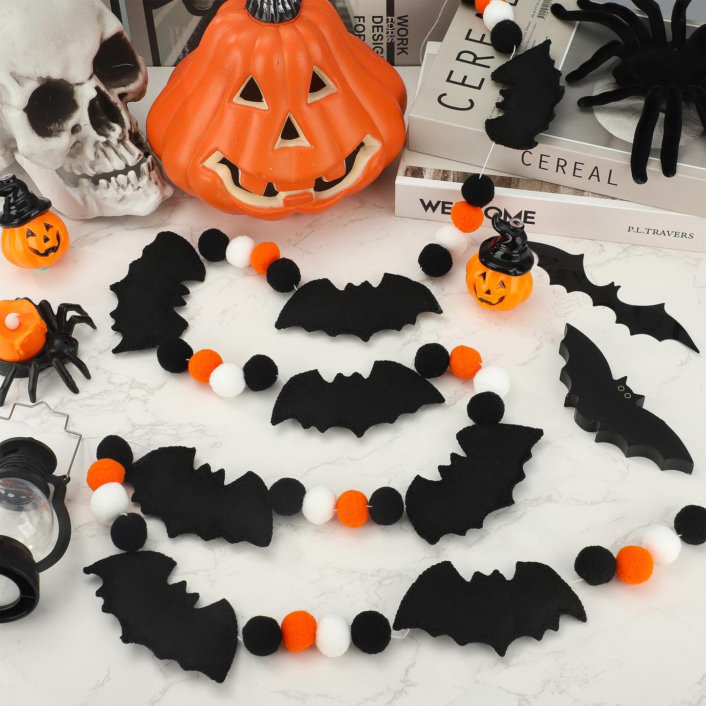 6.6Ft Halloween Felt Bats Banner Pre-Assembled 3D Bat Felt Hanging Garland Pompom Ball Bunting Banner Black White Orange Halloween Decor for Haunted Houses Doorways Home Mantel Decoration
