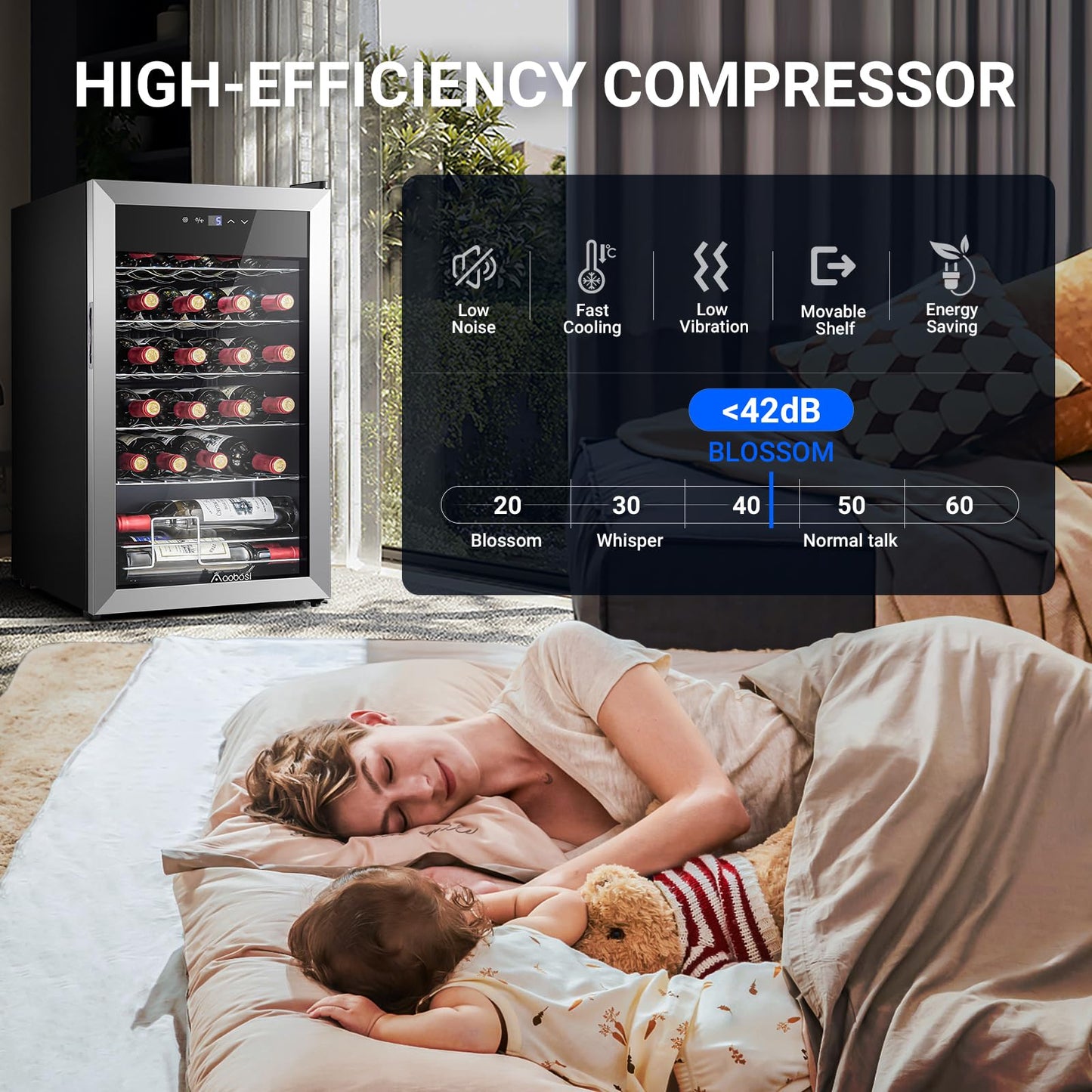 AAOBOSI 17 Inch Wine Cooler, 24 Bottles Wine Fridge, Wine Refrigerator Small with LED Display Light, Freestanding Wine Cellar with Low Noise Compressor, Adjustable Shelves
