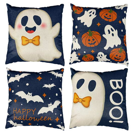 4Pcs Halloween Pillow Covers 18x18 Inch Cute Ghost Pumpkins Bats Decoration Pillow Covers Outdoor Happy Halloween Decoration Pillows Case for Room Sofa Patio Funiture Bedroom Couch Decor