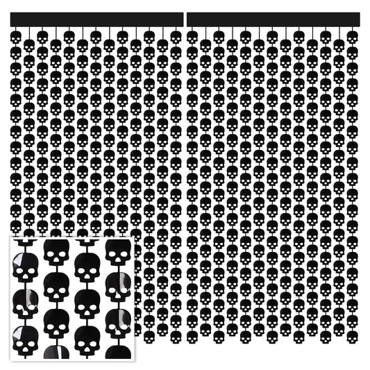 Whaline 2 Pack Halloween Foil Curtains Black Skull Head Fringe Curtains, 3.3x6.6Ft