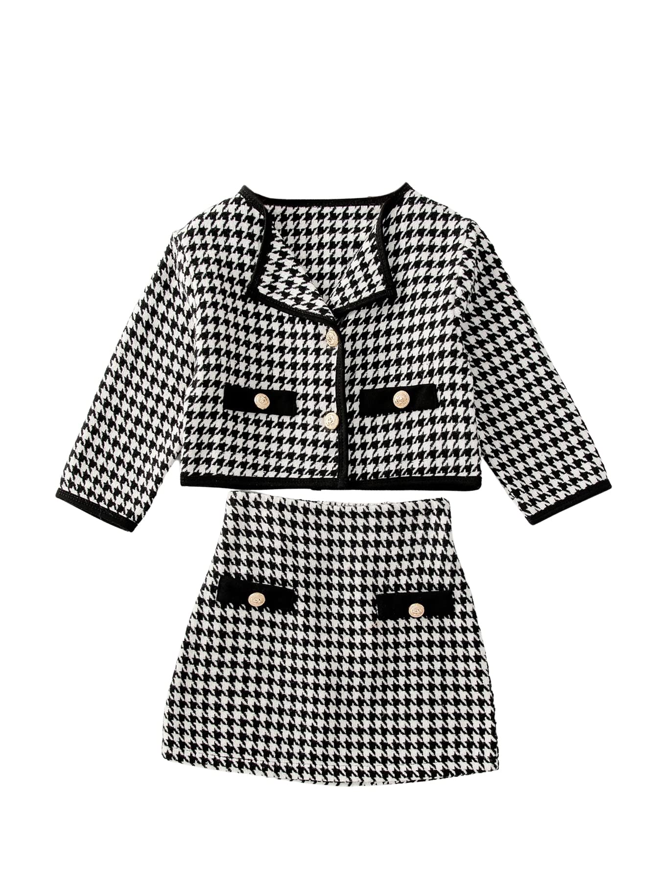 WDIRARA Toddler Girl's 2 Piece Houndstooth Button Front Long Sleeve Round Neck Jacket and Skirt Outfits Set Black and White 110