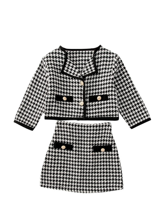 WDIRARA Toddler Girl's 2 Piece Houndstooth Button Front Long Sleeve Round Neck Jacket and Skirt Outfits Set Black and White 110