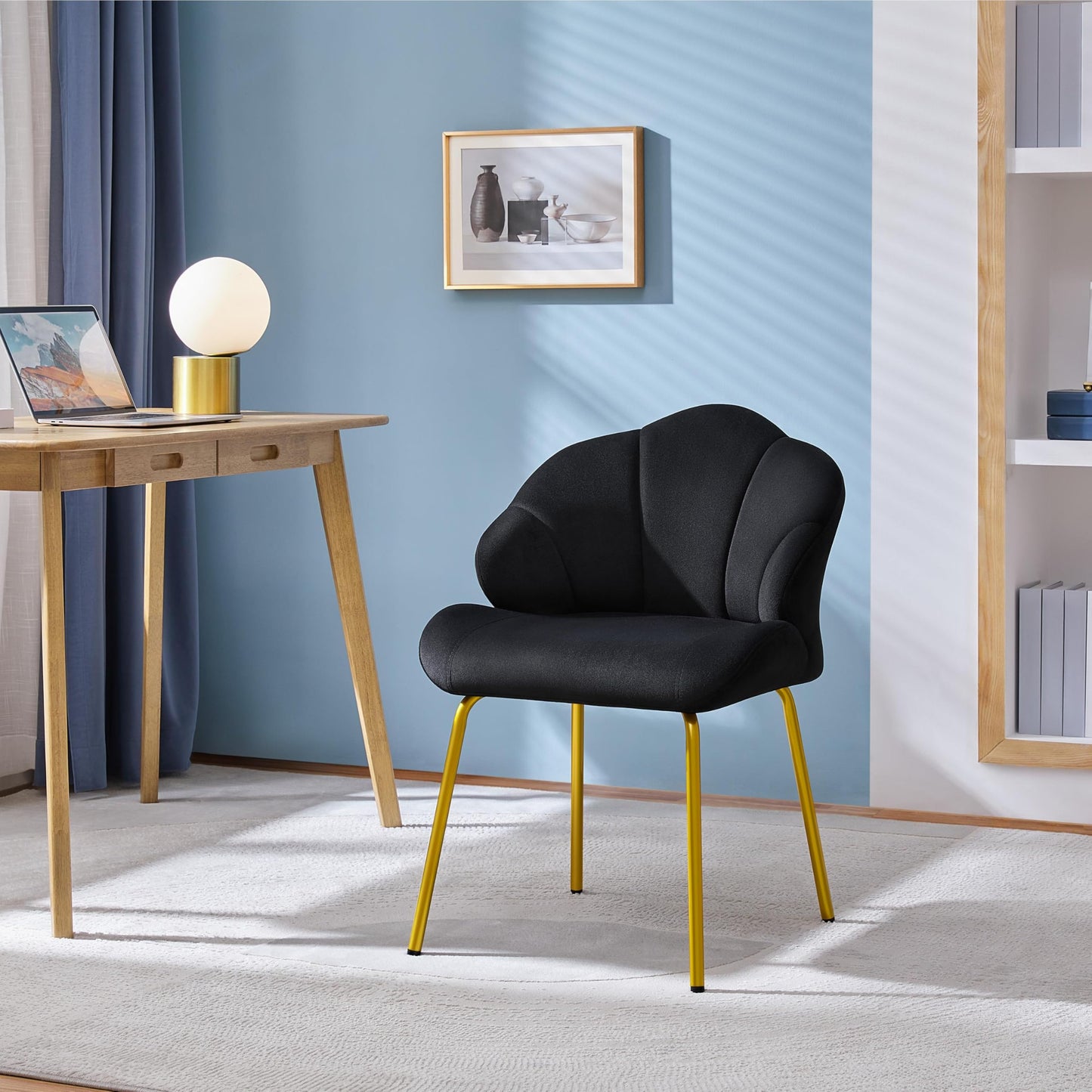 Yaheetech Vanity Chair, Velvet Accent Chair with Shell-Shaped Backrest, Modern Armchair with Gold Metal Legs for Dressing Room/Bedroom/Living Room, Black
