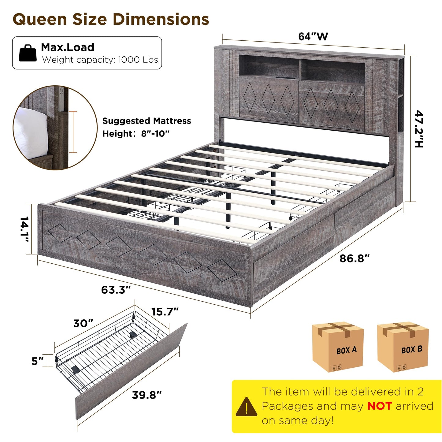ACCOHOHO Queen Size Bed Frame with 47" Tall Storage Bookcase Headboard, Modern Wood Platform Bed with 4 Drawers, Charging Station and LED Lights, Noise Free, No Box Spring Needed, Light Grey