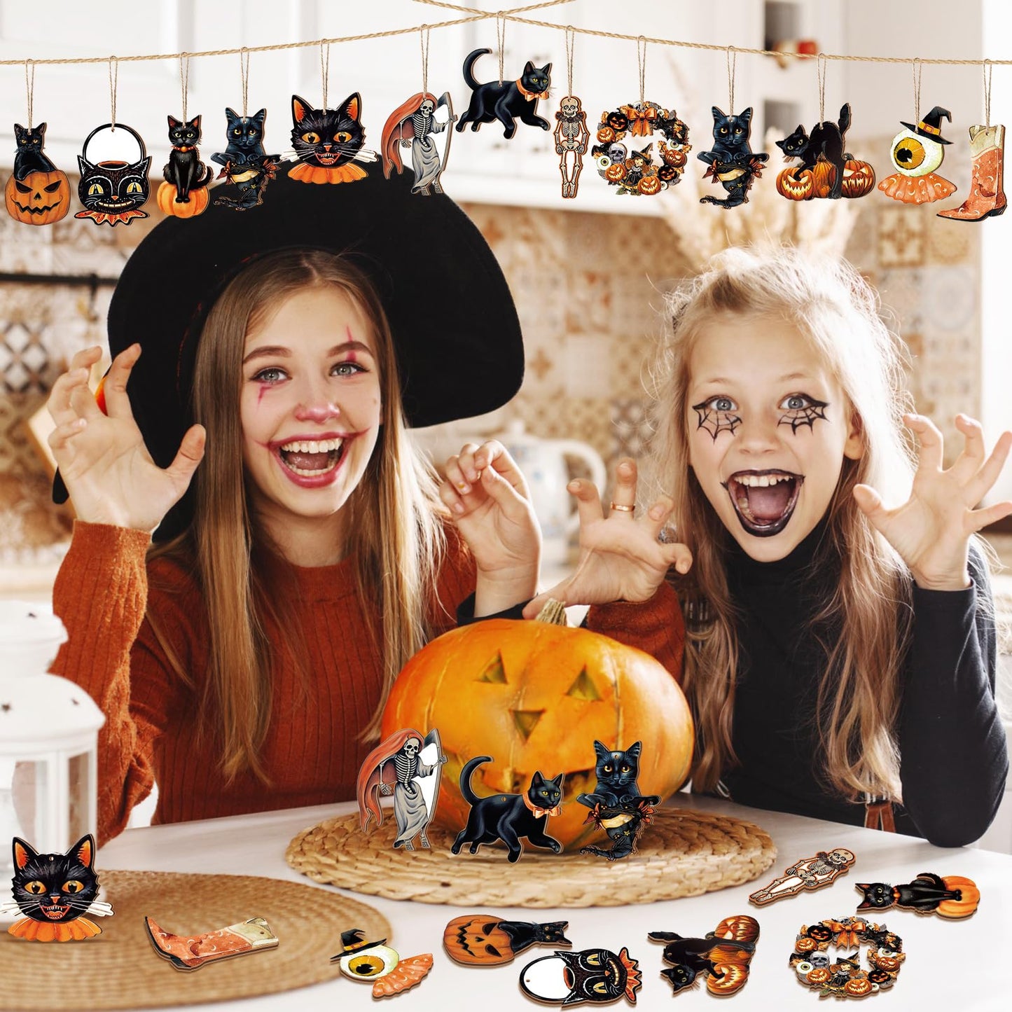 36 Pcs Halloween Ornaments with Ropes Halloween Wood Decor for Tree Pumpkin Skull Cat Wooden Decorations Hanging Ornaments Pendants for Home Party, 12 Styles