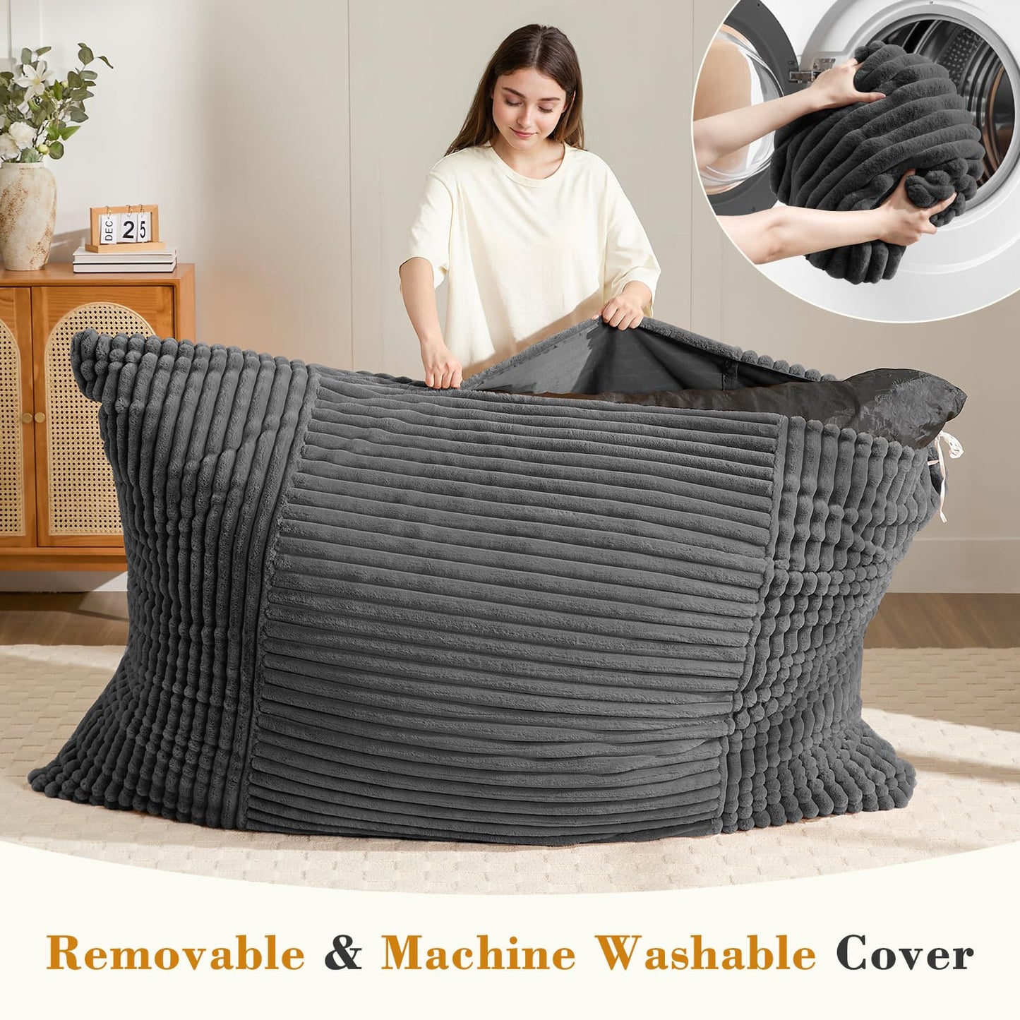 3-in-1 Giant Bean Bag Chair for Adults & Kid, Convertible Floor Sofa to Mattress, High-Density Foam Chair Bed with Washable Cover, Multi Functional Lounge Couch for Bedroom, Living Room (Dark Grey)