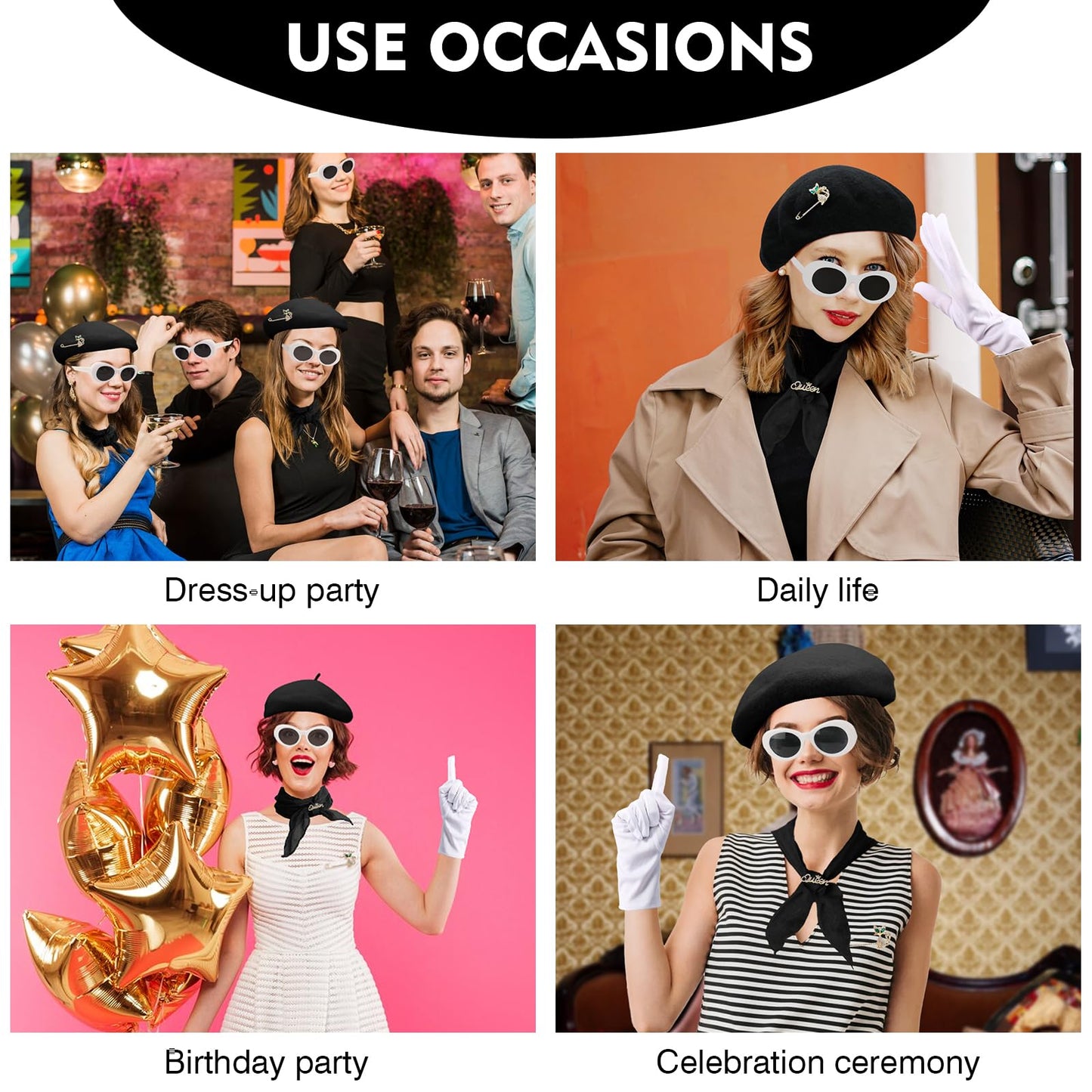 XEPST 6PCS French Women set - 50s Fancy Dress for Women with Black Beret Sunglasses Scarf Gloves Brooches French Artist Mime Kit for Halloween Costumes Cosplay Carnival Fancy Dress Up, Black