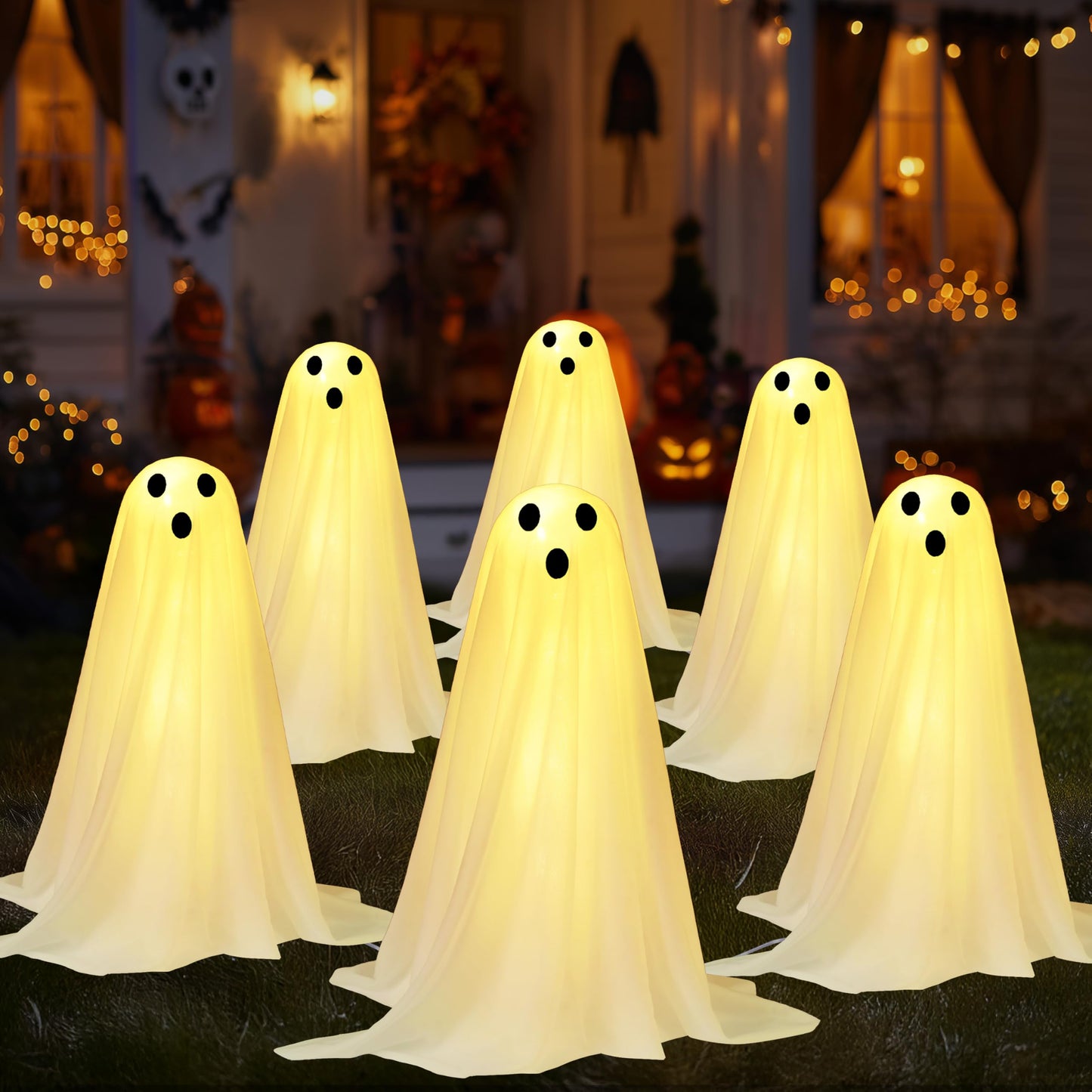 JOYIN 6 Pcs Halloween Decorations Outdoor Ghosts Pathway Lights, 18” White Light Up Cloth Ghost with Yard Stakes for Graveyard Yard Lawn Garden Prop, Party Decor Supplies
