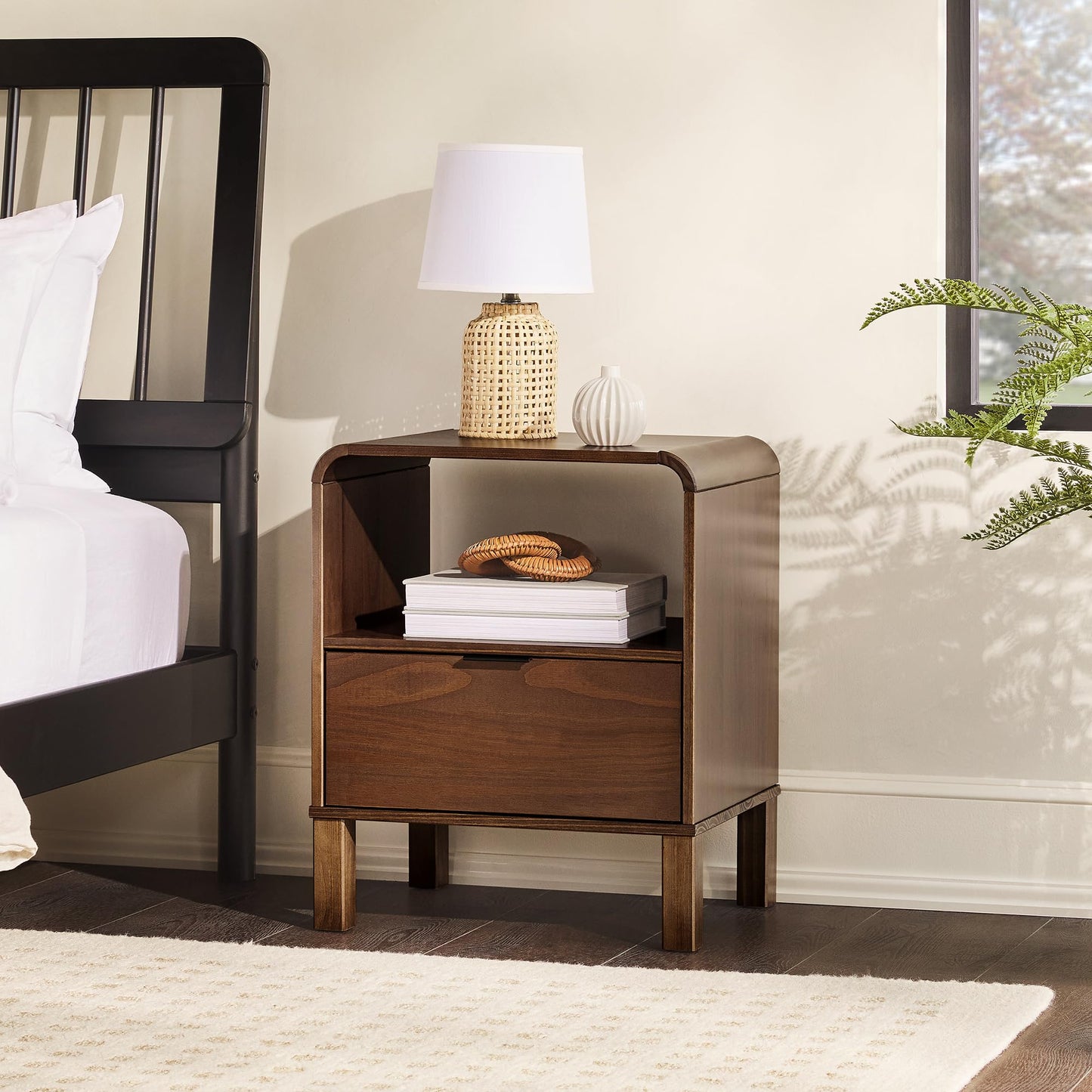 Walker Edison Modern Curved-Top Solid Wood 1-Drawer Nightstand with Open Cubby, 24 Inch, Brown