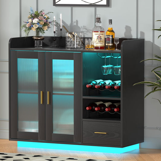 Wine Bar Cabinet with LED Light, Floating Coffee Cabinet with Wine and Glass Rack, Kitchen Buffet Sideboard with Glass Doors and Drawer, Modern Liquor Cabinet for Home, Kitchen, Living Room, Black
