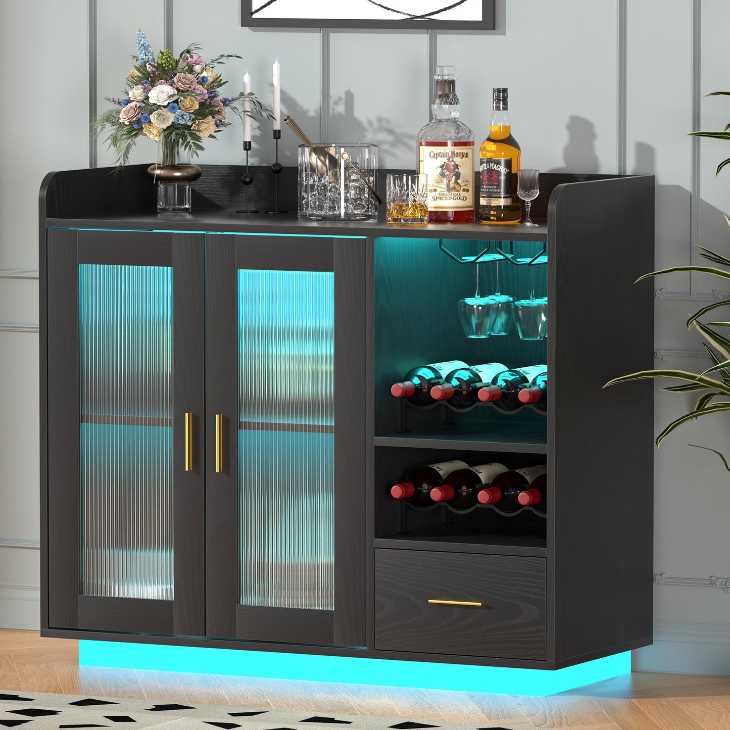 Wine Bar Cabinet with LED Light, Floating Coffee Cabinet with Wine and Glass Rack, Kitchen Buffet Sideboard with Glass Doors and Drawer, Modern Liquor Cabinet for Home, Kitchen, Living Room, Black