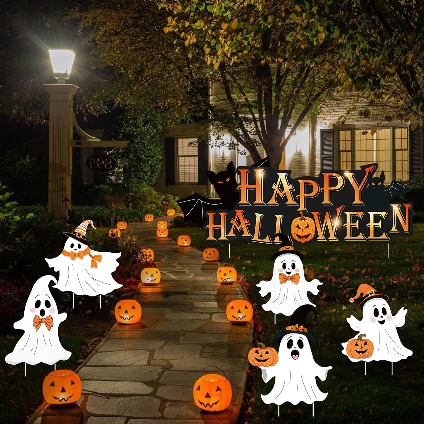 Woosytoo 6Pcs Cute Ghost Halloween Yard Signs with Stakes, Multicolor, Plastic, 14 Stakes, Lawn Signs, Happy Halloween