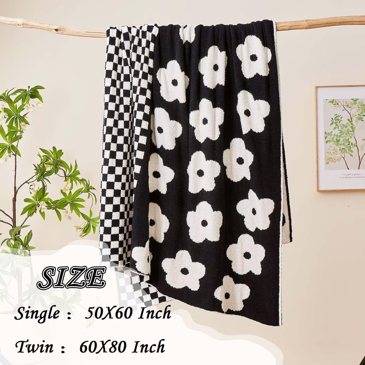 XIBLC Checkered Throw Blanket, Black Super Soft Knit Breathable Throw Blanket, Cozy Fluffy Reversible Checkerboard Flower Fuzzy Blanket for Couch Sofa Bed Living Room Decor 60 x 80 Inch