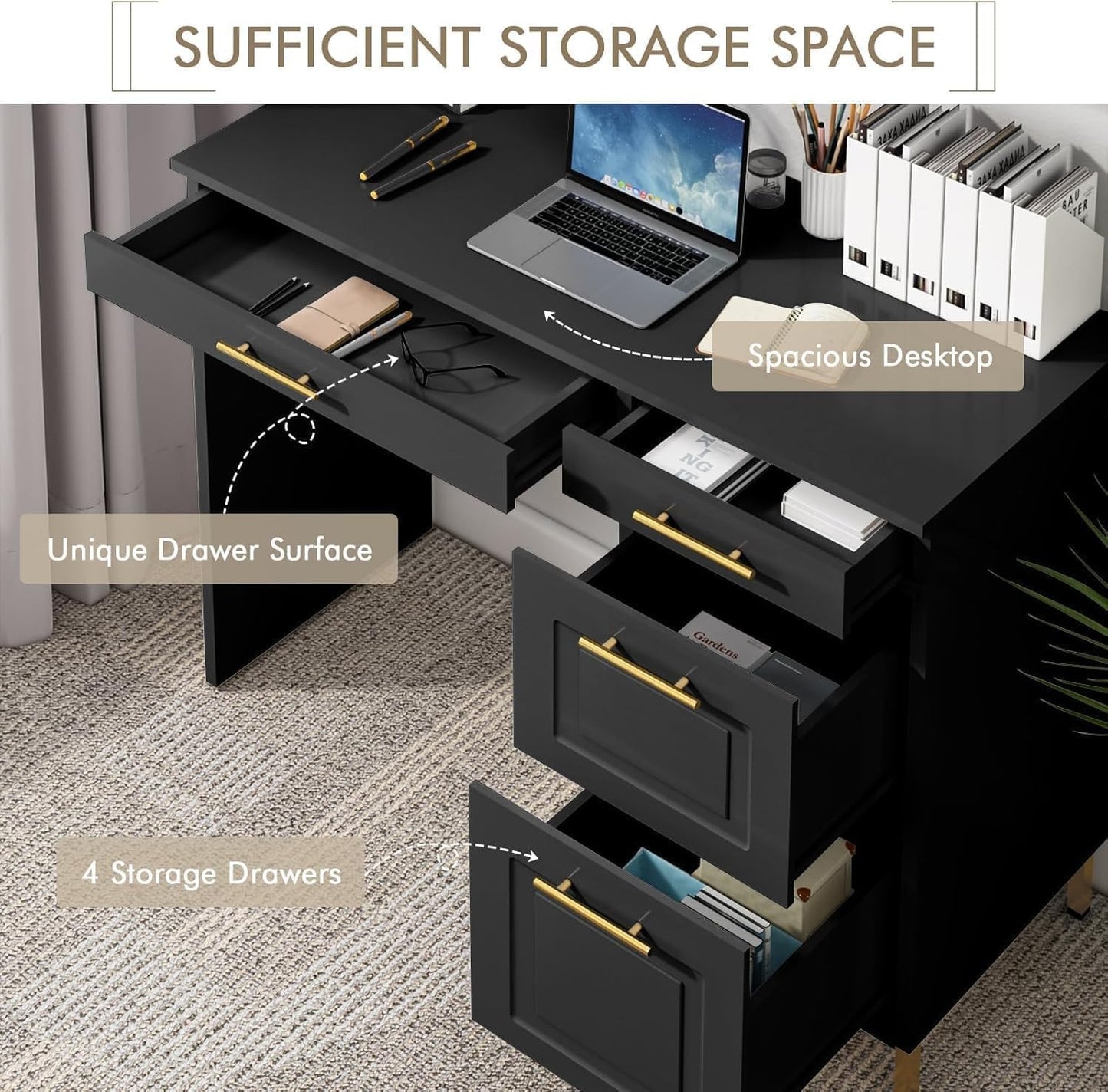 4 EVER WINNER Black Desk with Drawers, Modern Home Office Desks with Golden Handles and Drawers, Computer Table for Small Spaces, Black and Gold Desk