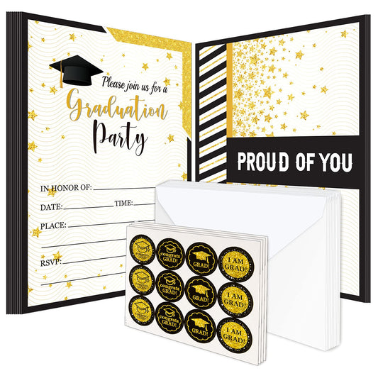 Whaline 35 Set Graduation Party Invitations with Envelopes and Grad Stickers Graduation Announcements Black Gold Invite Cards for College High School University Grad Celebration Party