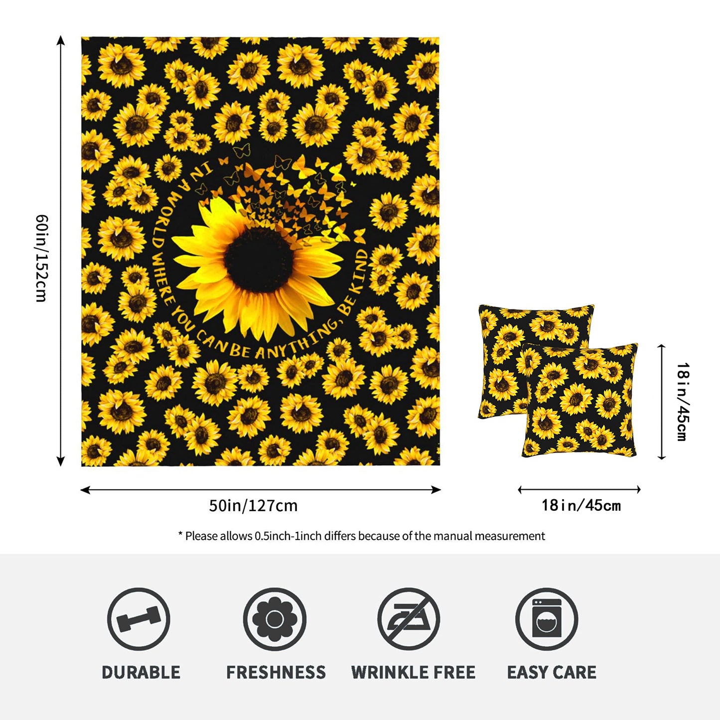 WIBUE Sunflower Throw Blanket 60"x50" with 2 Pcs Pillow Covers 18"x18", Decor Fleece Blanket for Women Men, Fuzzy Soft Cozy Warm Plush Gifts Blankets for Bed Sofa Couch Chair Living Room Bedroom