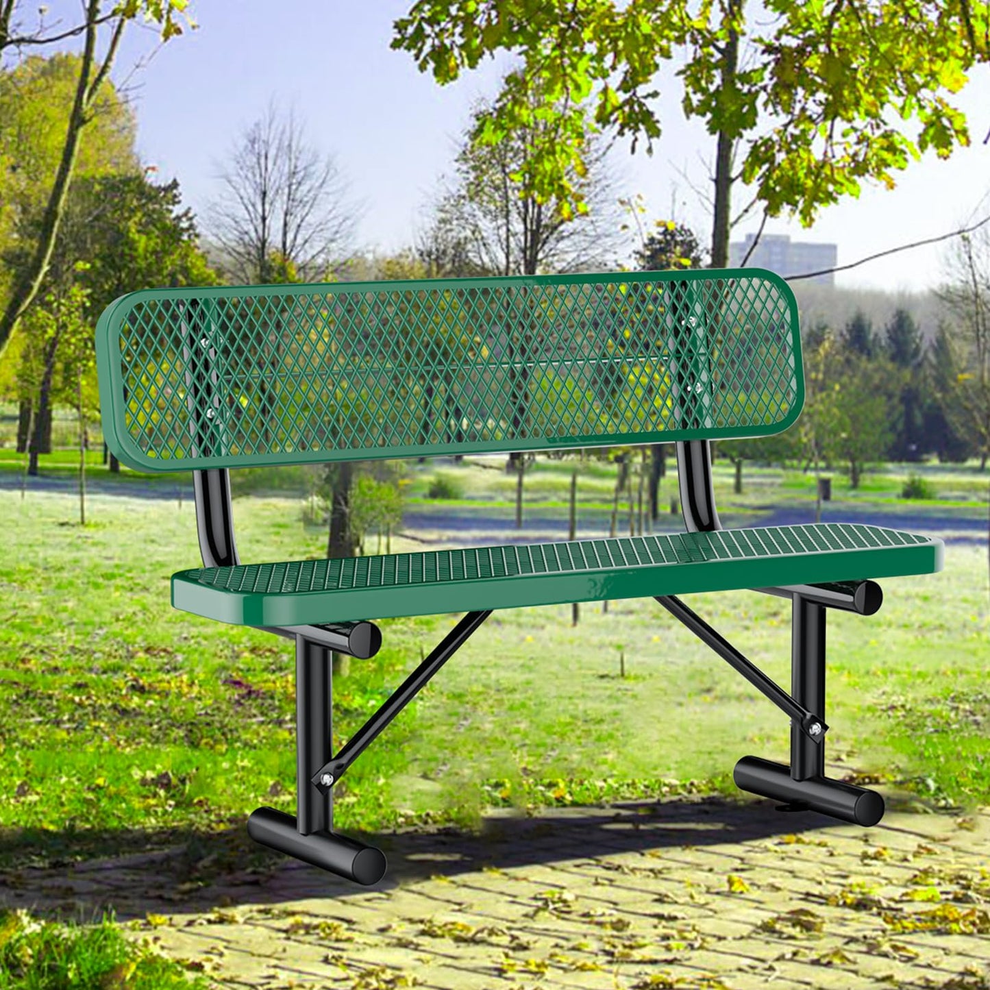 4FT/48INCH Heavy Duty Metal Park Bench for Outside, Outdoor Garden Benches with Backrest & Portable Frame, Expanded Metal Mesh Bench for Shopping Malls, Lawn, Park, Deck, Patio, Porch, Green