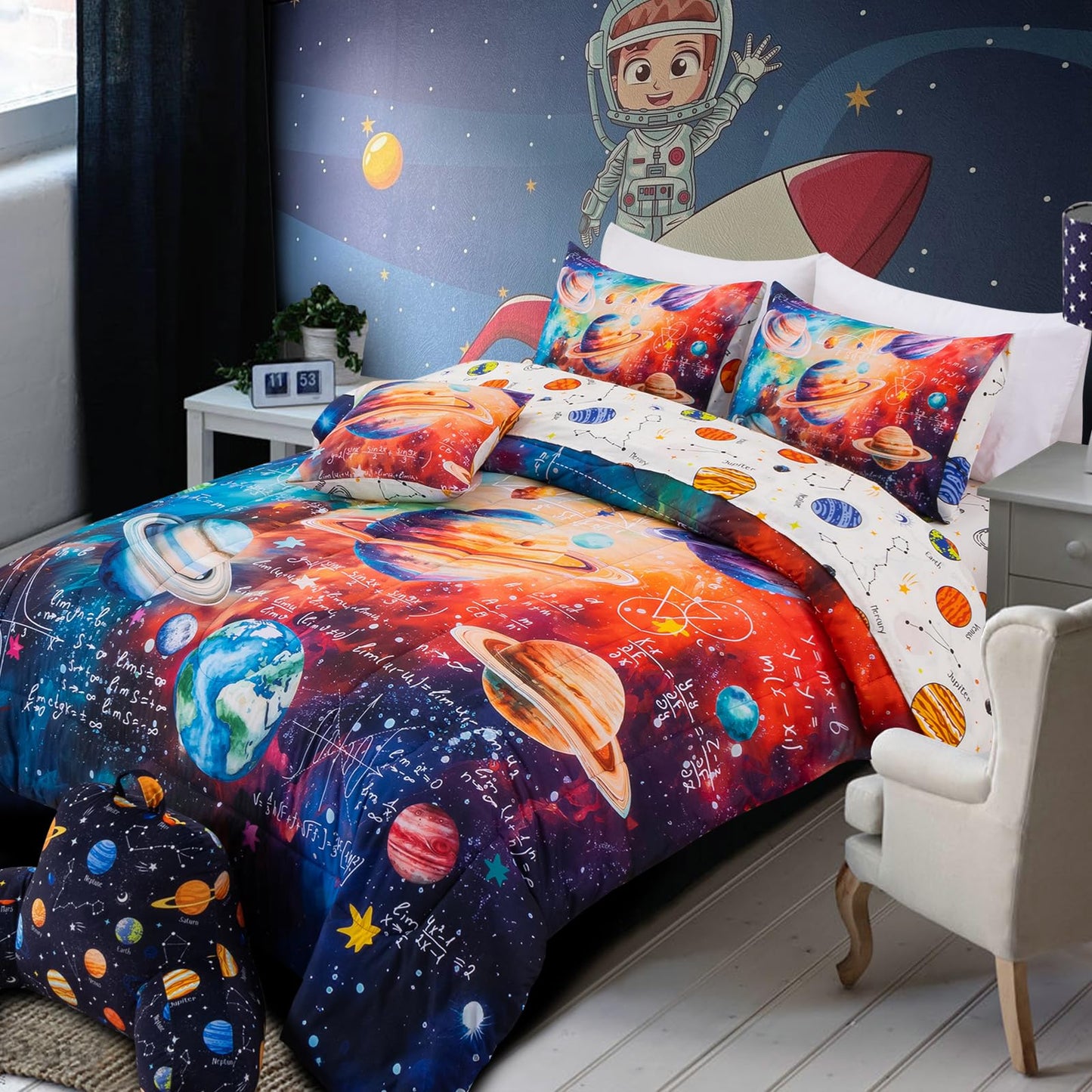 A Nice Night Boys Galaxy Twin Bedding Set 6 Piece Bed-in-a-Bag Comforter with Sheet Set, Space Algebra Theme Polyester Bed Sets for Kids,Purple