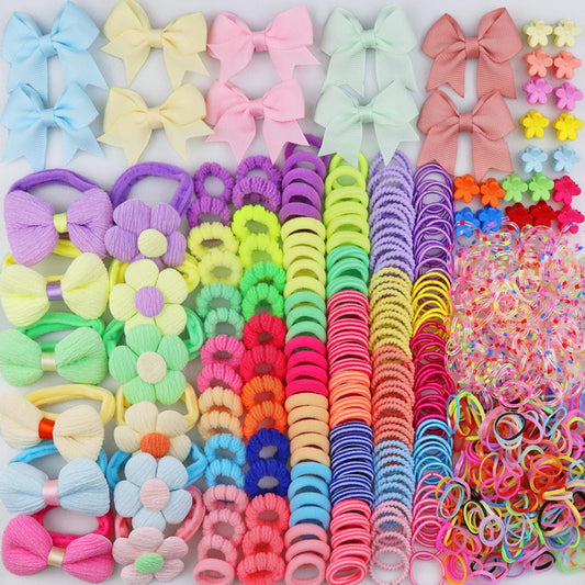 933Pcs+ Baby Girls Hair Ties Seamless Cotton Elastics Hair Bands Colorful Mini Rubber Tie Bow Hair Clips Flower Claws Assorted Ponytail Holders Soft for Thin Hair Braids Kids Toddler Little One