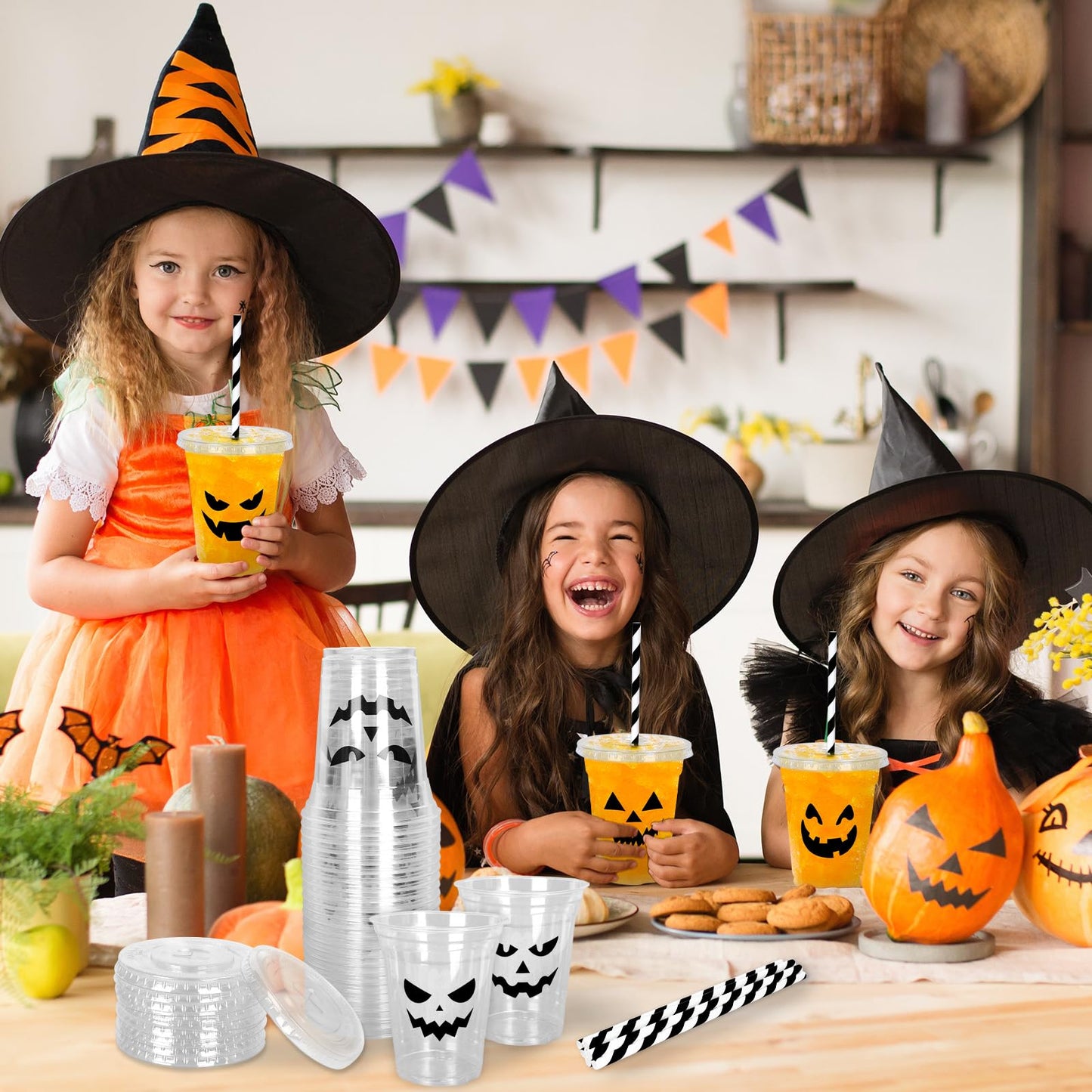 Whaline 60Pcs Halloween Disposable Plastic Cups with Lids and Straws 12oz Jack-O-Lantern Pumpkin Cold Beverage Drinking Cups for Trick or Treat Party Supplies