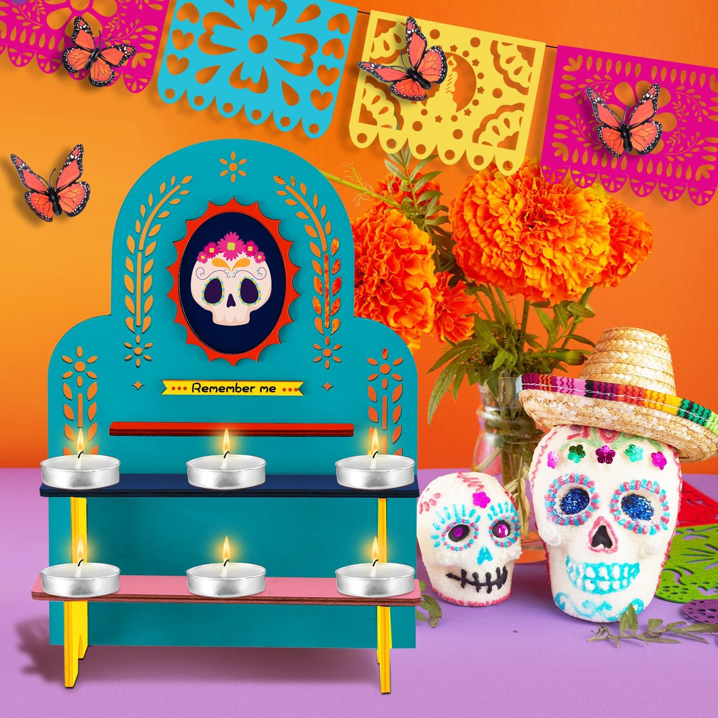 Weysat Dia De Los Muertos Altar Ofrenda Mini Wooden Papel Picado Ofrenda Altar with Photo Frame Day of the Dead Remembrance Supplies Dia De Los Muertos Decorations
