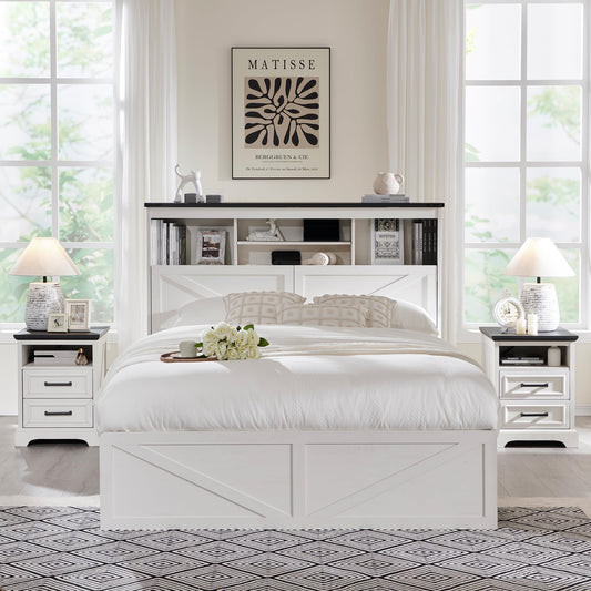ACCOHOHO Queen Bed Frame Farmhouse with 52" Storage Bookcase Headboard, 4 Drawers Wooden Bed Frame, LED Light, Charging Station - White