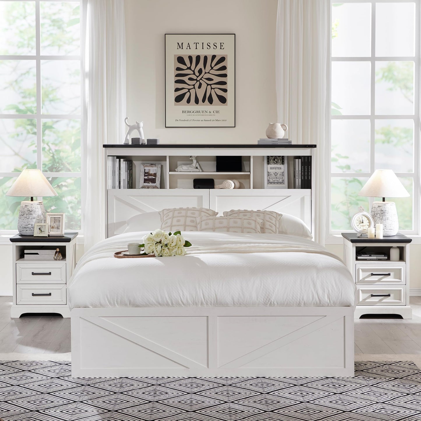 ACCOHOHO Farmhouse Queen Size Wood Bed Frame with 52" Tall Storage Headboard and 4 Drawers,LED Light,Charging Station,Solid Wood Slats Support,Noiseless,No Box Spring Needed,Antique White