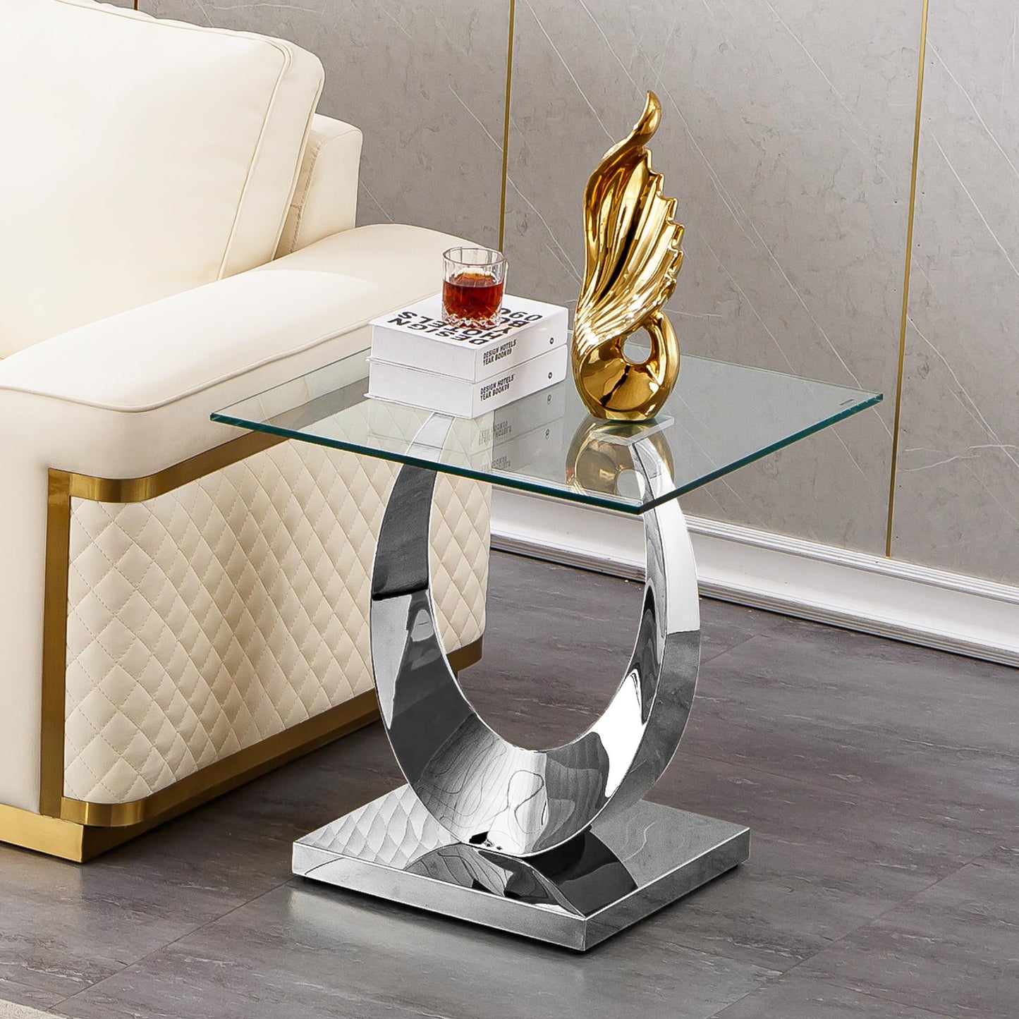 3 Pieces Luxury Silver Living Room Table Set, Modern Glass Coffee Table Set of 3, Rectangle Center Table and 2 End Tables with Moon-Shaped Stainless Steel Base for Living Room Apartment