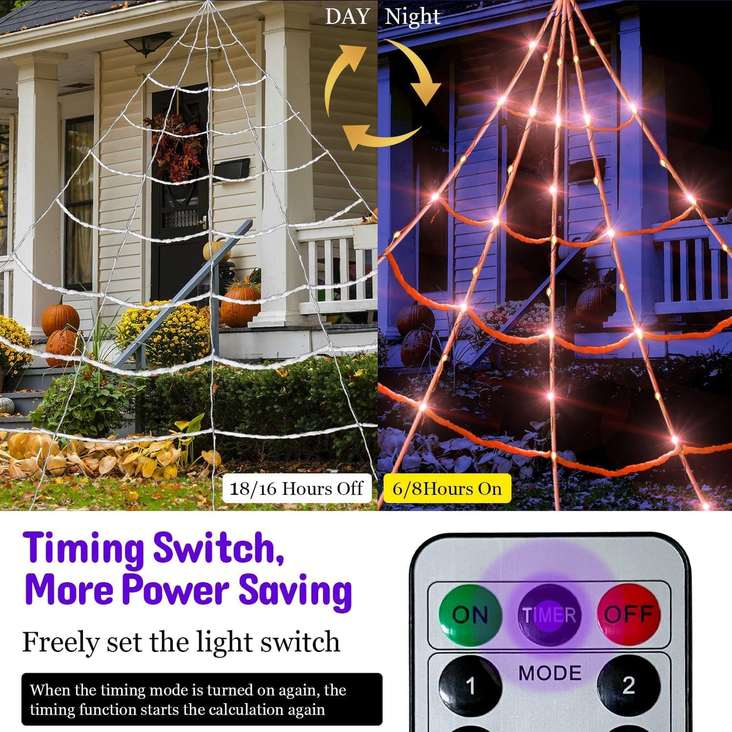8 Modes 20 * 17FT Halloween Light Up Spider Web 250 Led Purple & Orange Lights Operated with 6.5Ft Giant Spider 200sqft Cobweb 20 Small Spiders for Indoor and Outdoor Decor Yard Decoration