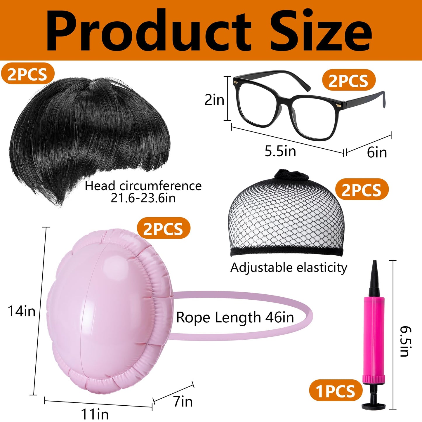 Wehhbtye 9 Pcs Halloween Criminal Costume Accessories, Mushroom Cut Wig and Black Frame Glasses, Inflatable Fake Belly Cosplay for Halloween Theme Party Role Play (NOT Include Orange Jumpsuit)