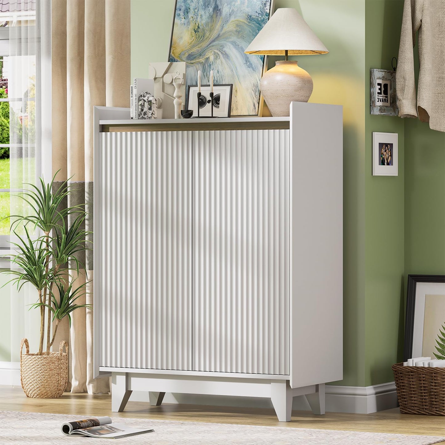 White Fluted Shoe Cabinet, 5-Tier Shoe Storage Cabinet with Adjustable Shelves, 43.7”H Tall Shoe Cabinet Storage for Entryway Hallway Living Room, Shoe Rack Organizer White & Walnut Wave Fluted Design