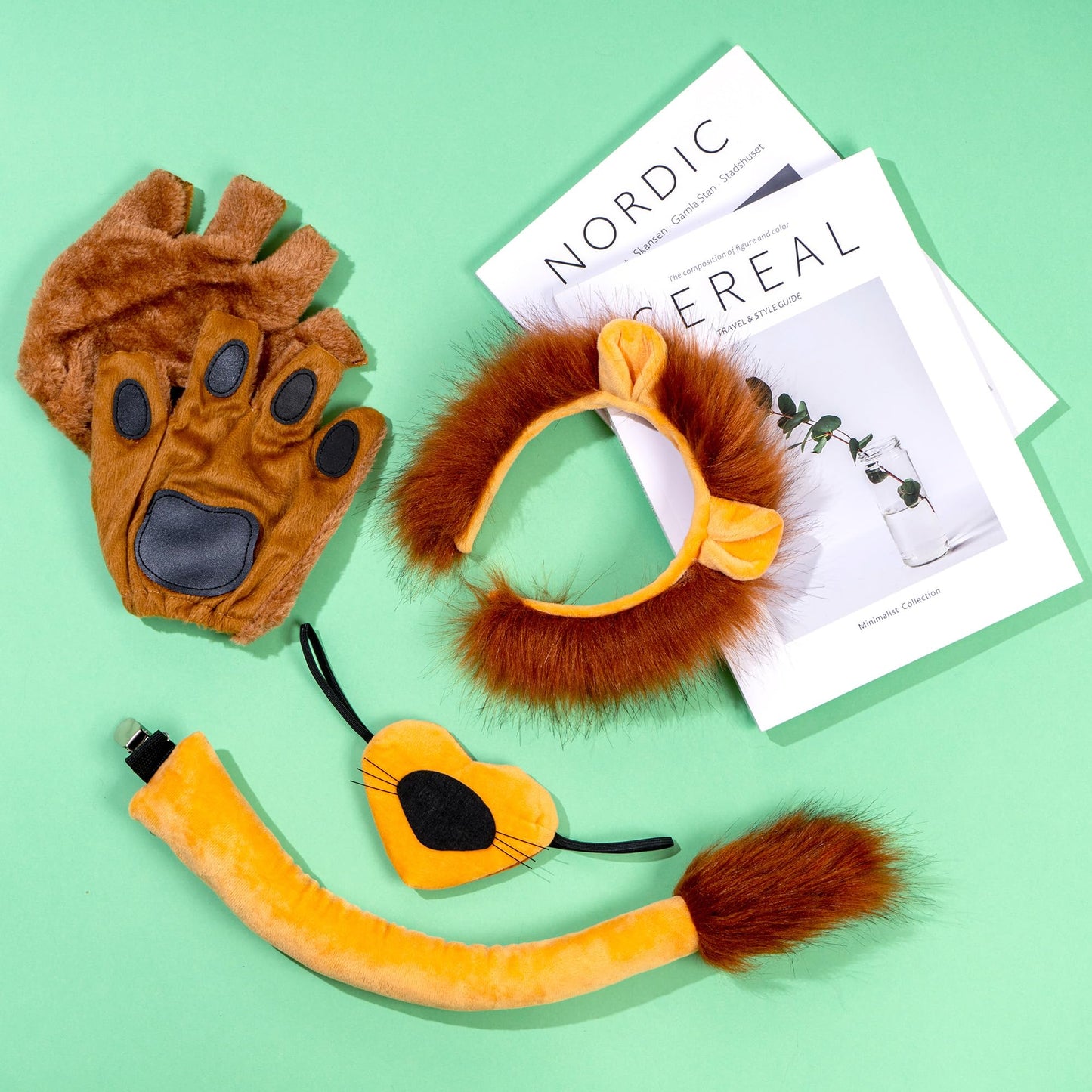 5 Pcs Lion Costume Set Lion Ears Headband Tail Paw Gloves Nose Bow Tie Halloween Lion Cosplay Party Dress Up Accessories