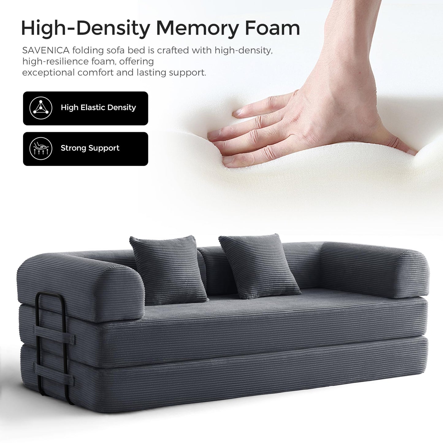 79" Convertible Sofa Bed with Fixed-Shape Frame & Removable Armrests, Modular Corduroy Sleeper Sofa, Folding Mattress Couch for Small Spaces - No Assembly Needed in Dark Gray (Includes 2 Pillows)