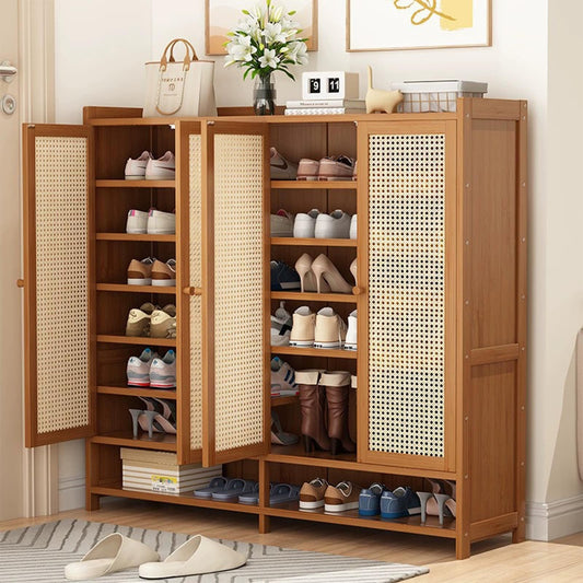 8 Tier Bamboo Shoe Cabinet, Shoe Storage Cabinet with Doors, 40 Pairs Shoe Organizer with Shelves, Freestanding Shoe Rack for Entryway, Hallway, Closet Living Room (Brown-)