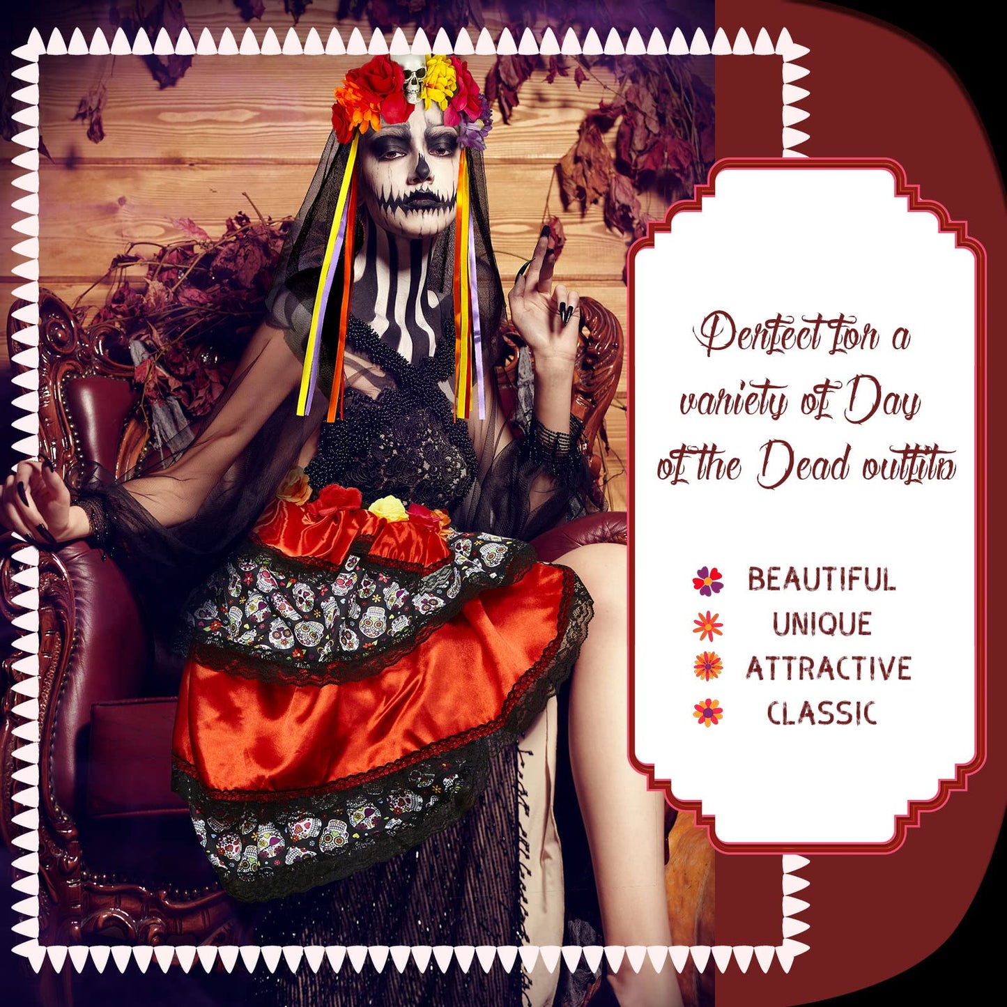 2 Pcs Halloween Day of the Dead Bustle and Day of the Dead Headband for Women Set Halloween Costumes for Women Girls (Medium)