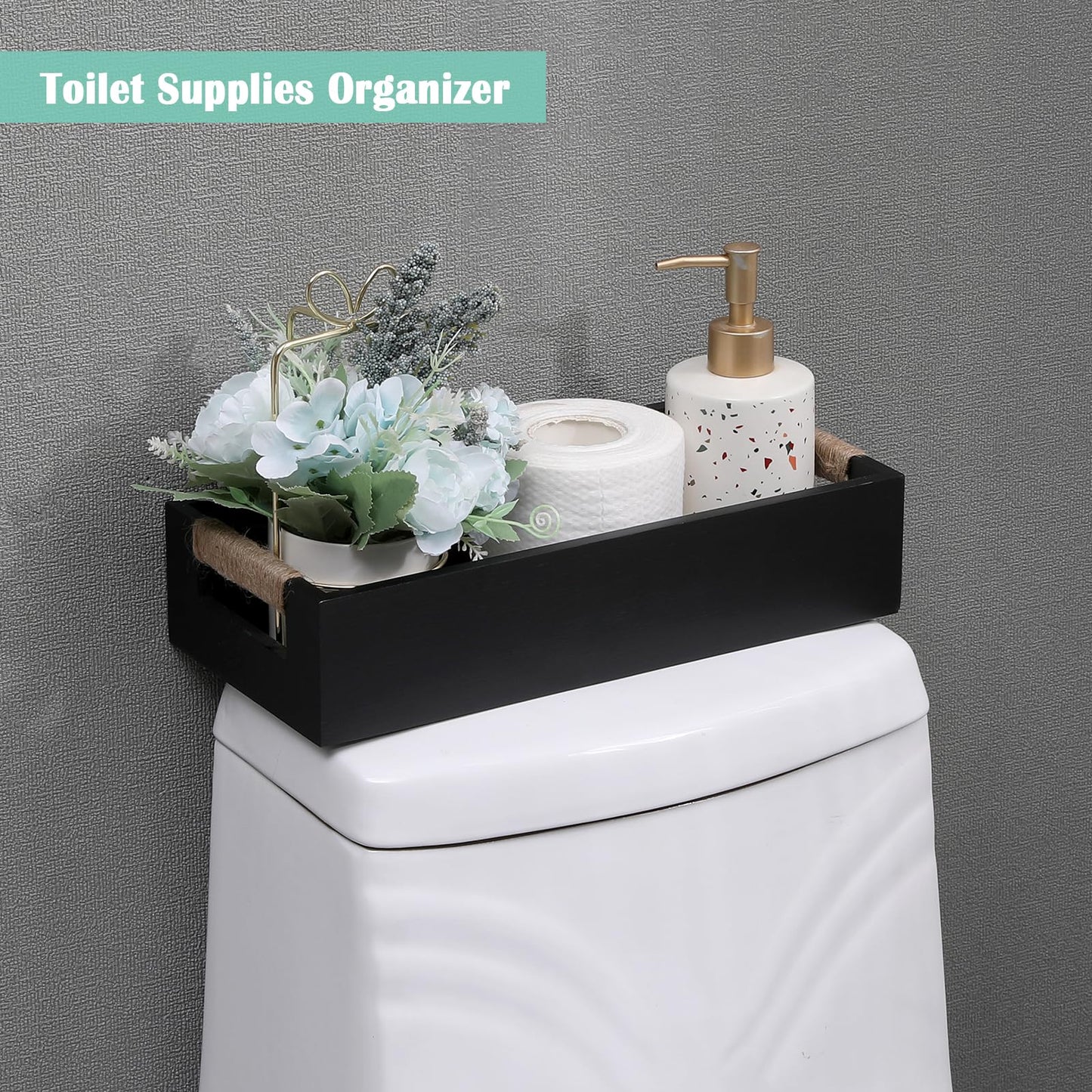WSIFACA Black Decor Box Bathroom Wooden Toilet Tank with Rope Handles, Farmhouse Toilet Storage Basket for Bathroom Living Room Table Counter