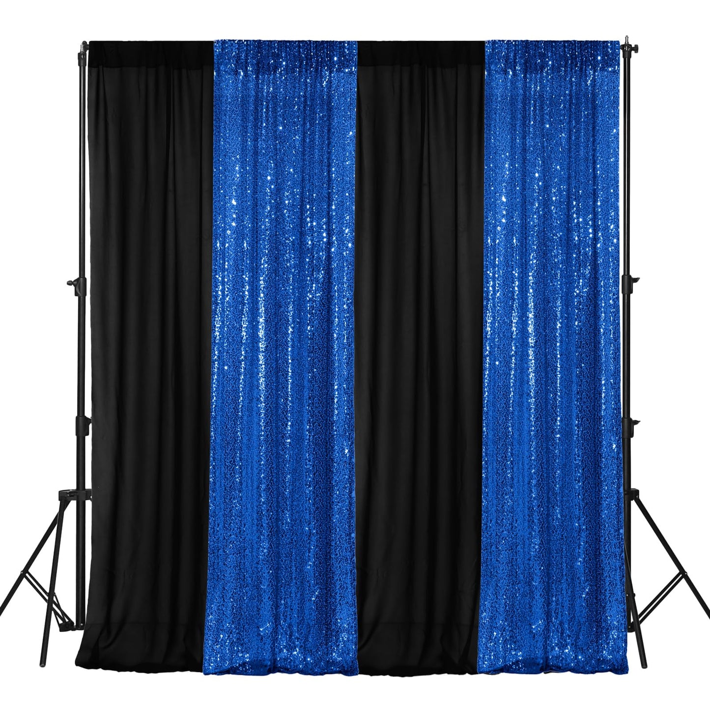 VitalCozy 4 Panels Backdrop Curtains 2 Pcs 4 x 10 ft Sequin Glitter 2 Pcs 7 x 10 ft Chiffon Photo Background Curtains for Wedding Birthday Party Decorations(Black, Royal Blue)