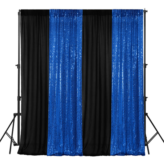 VitalCozy 4 Panels Backdrop Curtains 2 Pcs 4 x 10 ft Sequin Glitter 2 Pcs 7 x 10 ft Chiffon Photo Background Curtains for Wedding Birthday Party Decorations(Black, Royal Blue)
