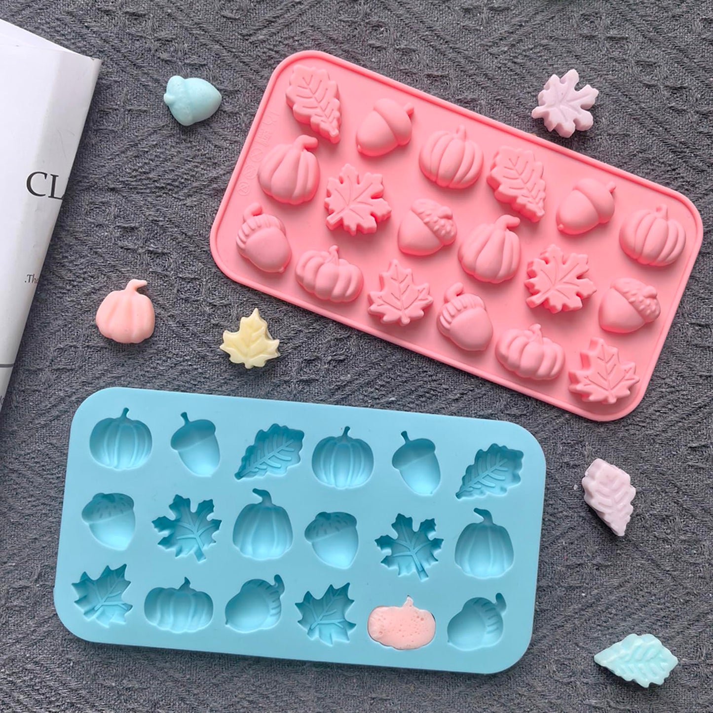3Pcs 18-Cavity Autumn Harvest Themed Silicone Mold 3D Pumpkin Maple Leaf Chestnut Shaped Chocolate Biscuit Candy Mold, Thanksgiving Silicone Molds for Cake Decoration