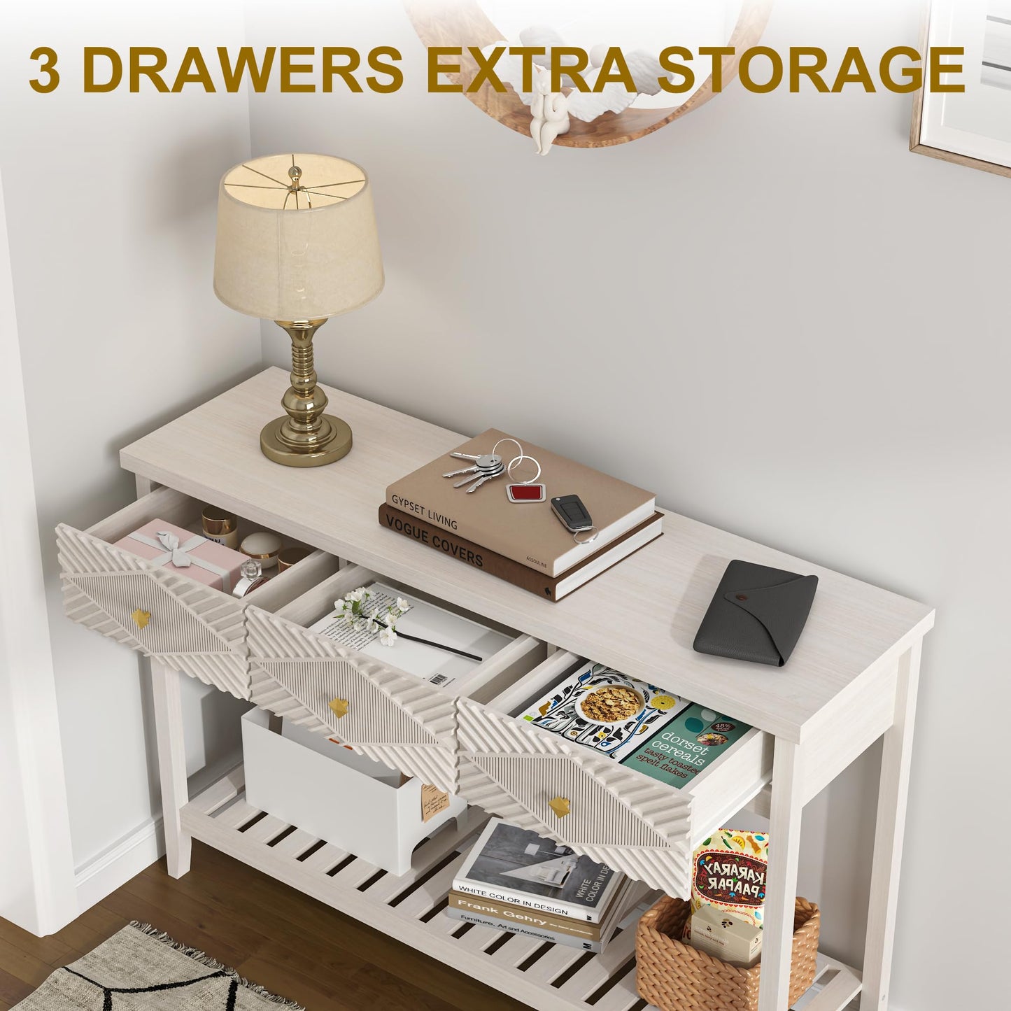 47" Console Table with 3 Drawers, Fluted Wood Entryway Table with Storage Shelf, Narrow Long Sofa Table Modern Behind Couch Accent Table for Living Room, Entryway, Hallway, Foyer