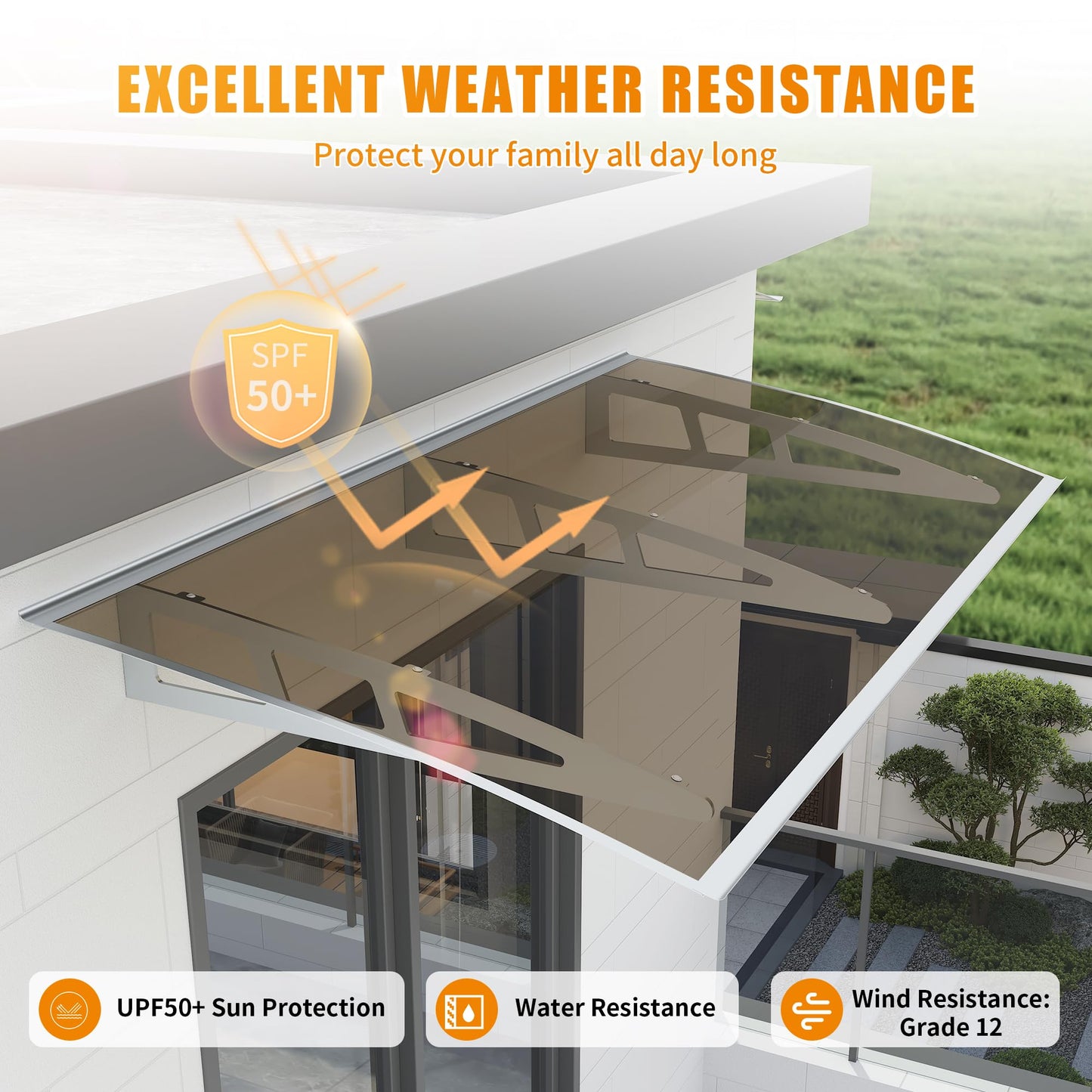 Window Awning Door Canopy,32x48 Inches Awnings for Doors Exterior with Sink,Polycarbonate Front Door Outdoor Patio Awning Canopy UV Rain Snow Sunlight, Window Awning with Sturdy Metal Bracket