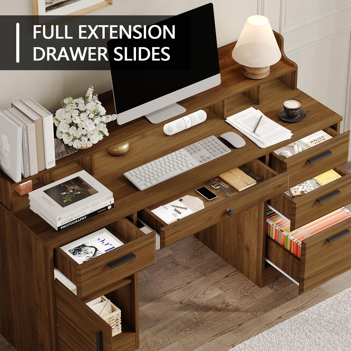 58 Inch Executive Desk with File Drawers, Computer Desk with Storage, Home Office Desk with Storage Cabinet for Bedroom, Rustic Brown