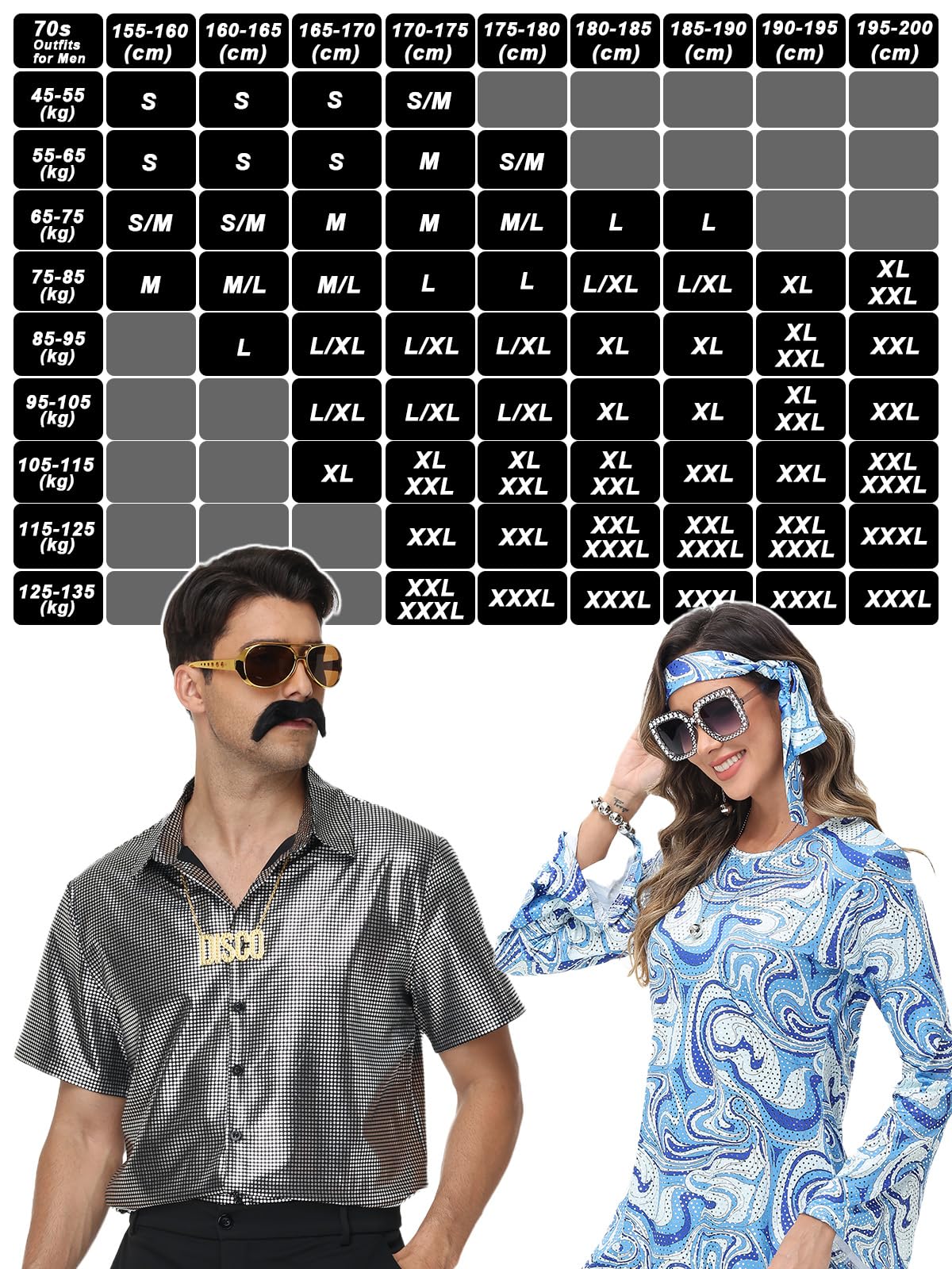 Wianja 70s Disco Outfits for Men - 7pcs 70s Costumes Bell Bottom Pants Shirts Wigs Necklace Moustache Sunglasses Hairnet