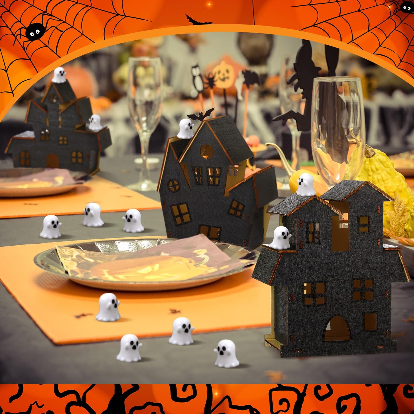 Wonderjune 13 Pcs 3D Ghost Halloween Village Haunted House DIY Kit 3 Large Wooden Castle House 10 Ghost Figurines Crafts Kit for Indoor Outdoor Halloween Party Decor Supplies